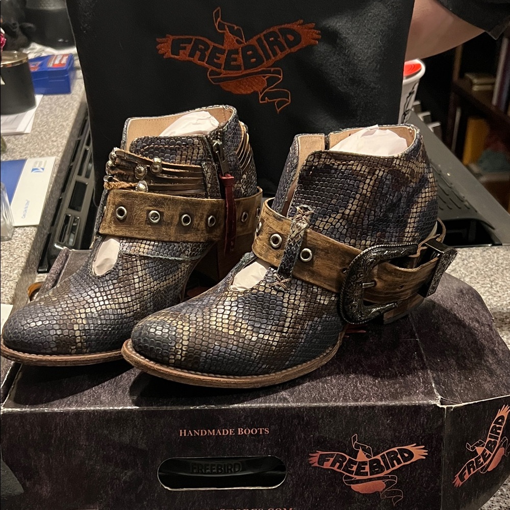 Freebird Snakeskin Ankle Boots with Brown Accents